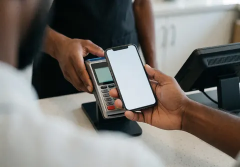 Hands holding a smartphone to make a contactless payment at a store reader with a product visible in the foreground under bright lighting