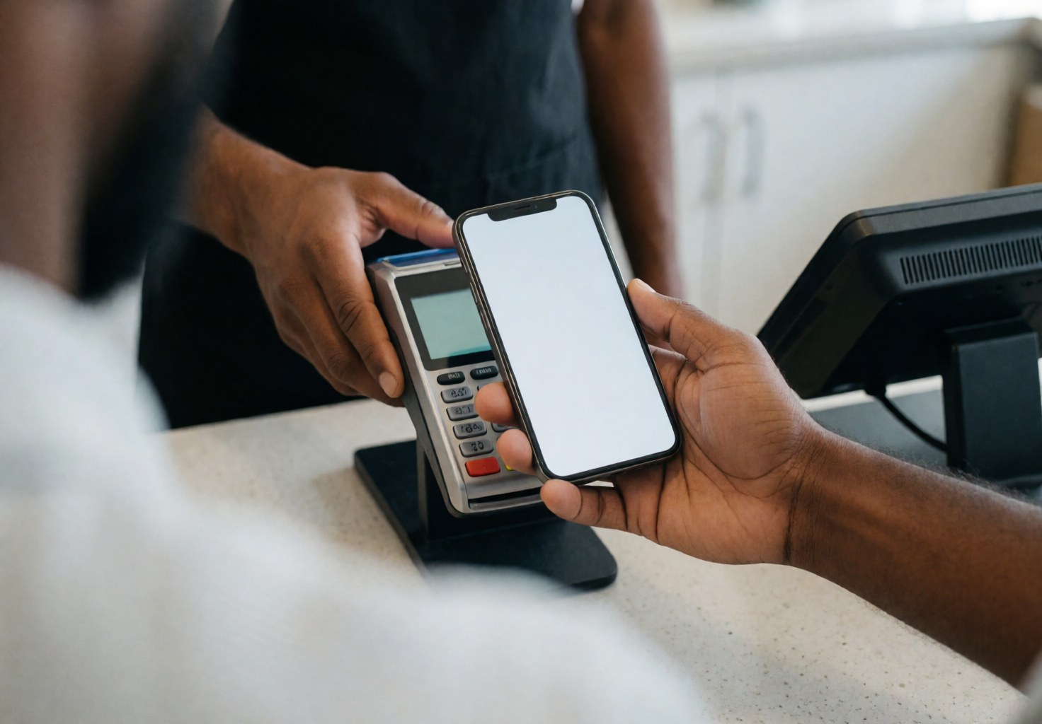 Hands holding a smartphone to make a contactless payment at a store reader with a product visible in the foreground under bright lighting