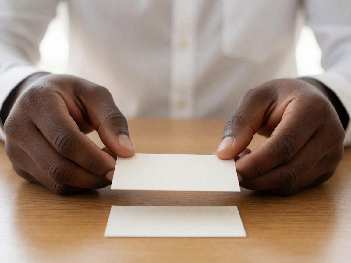 A person's hands placing business cards on a wooden table.