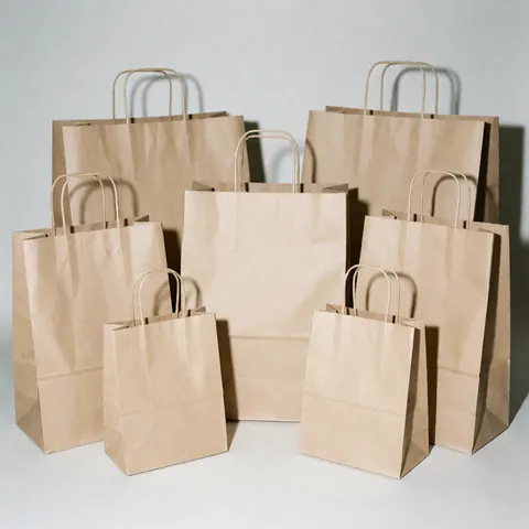 A group of brown paper bags in different sizes arranged on a light gray background, representing retail packaging