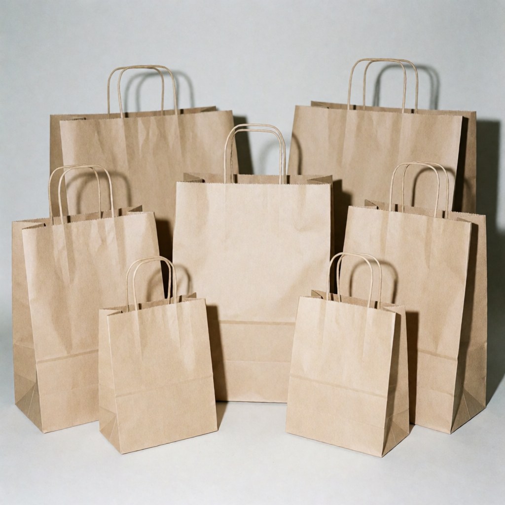A group of brown paper bags in different sizes arranged on a light gray background, representing retail packaging
