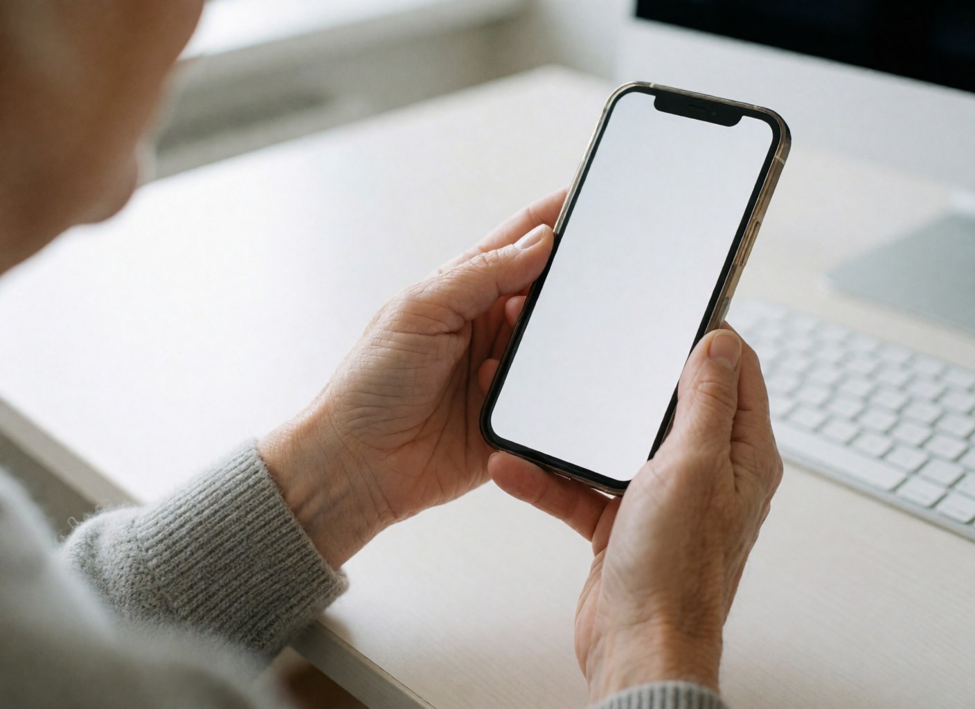 Close-up of an adult hand holding a white smartphone with a blank screen over a work desk, suitable for business technology and communication concepts.