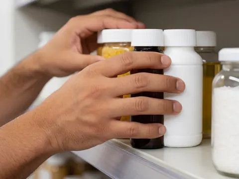 A man organizing medicine bottles on a clean shelf, placing containers neatly for retail inventory management.