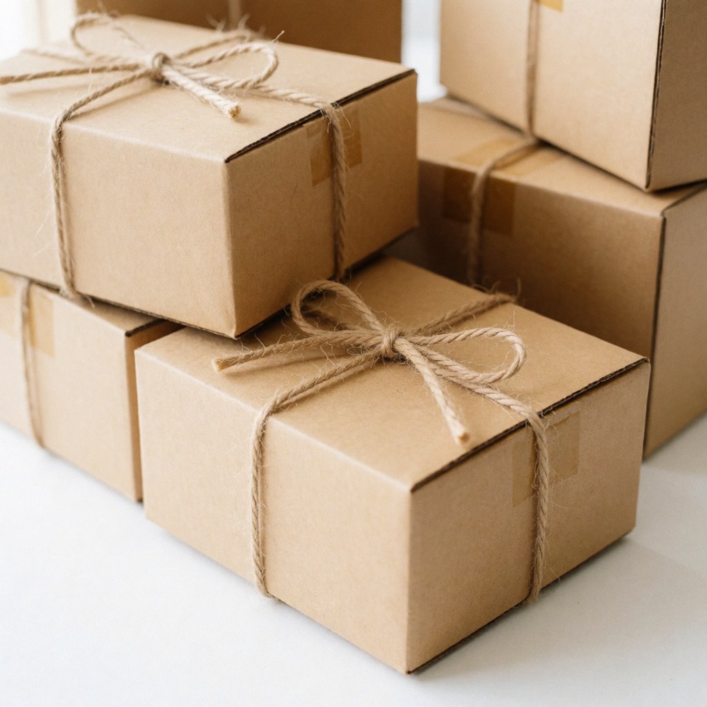 Kraft cardboard shipping boxes tied with natural twine on a white background with soft professional lighting