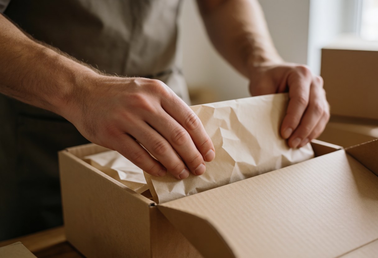 Hands carefully placing brown kraft paper into a cardboard box for e-commerce packaging