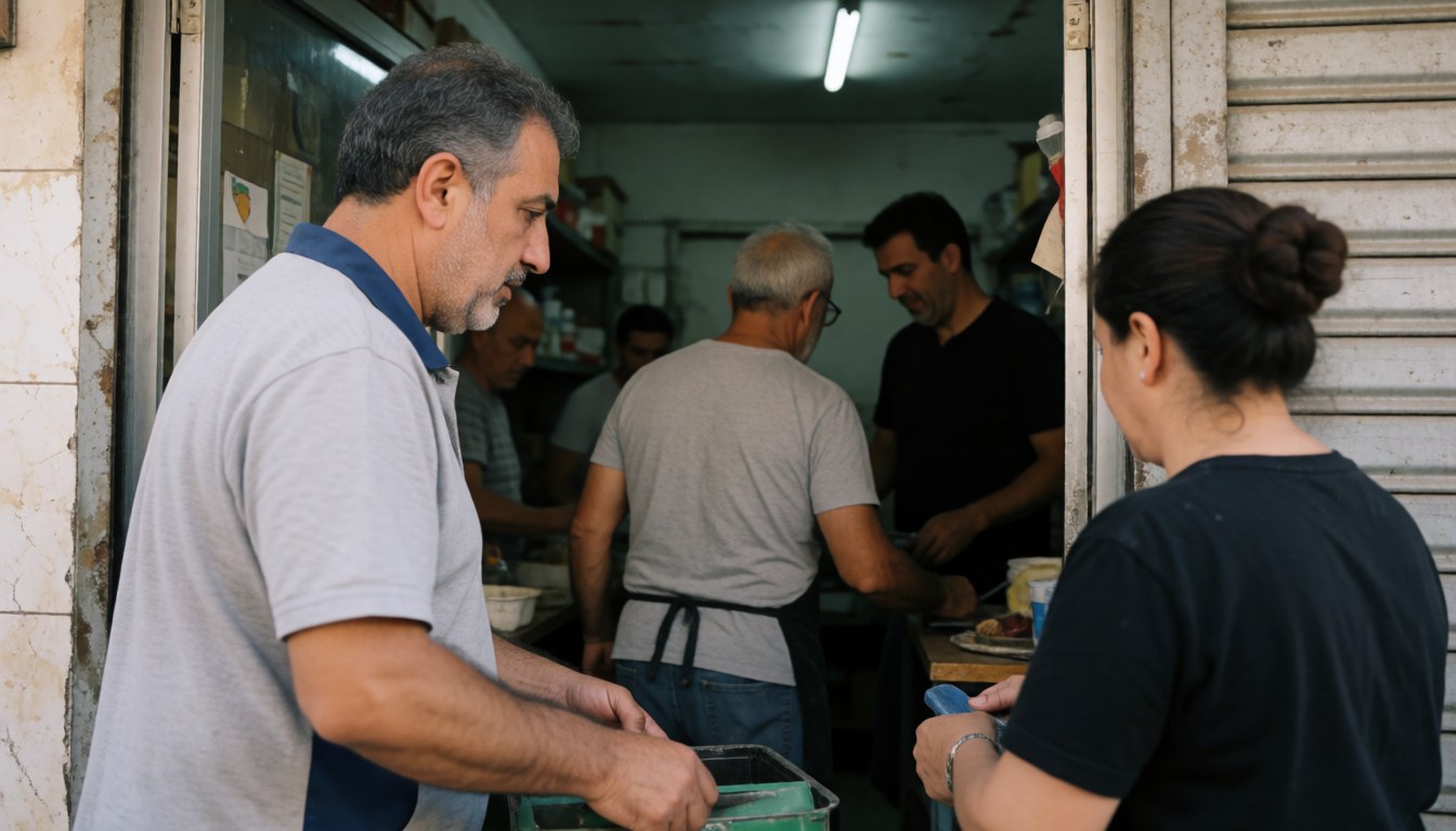 A man serving food in a local store with customers and employees working inside under natural and artificial light