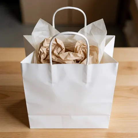 A white paper bag with handles filled with crumpled kraft paper sits on a light wooden surface, suitable for product packaging or gift presentation.