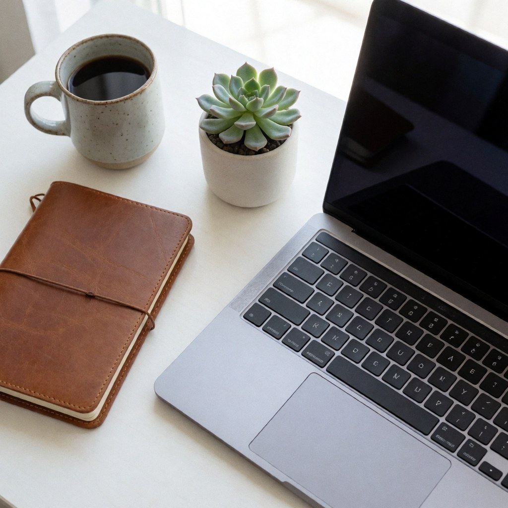 White desk with laptop, leather notebook, coffee cup, and succulent plant under natural light