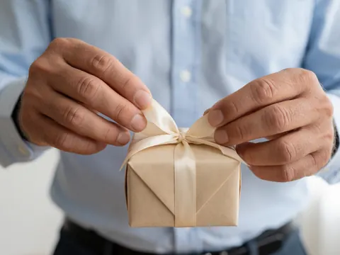 Close-up of hands wrapping a gift with beige ribbon and kraft paper on a light background