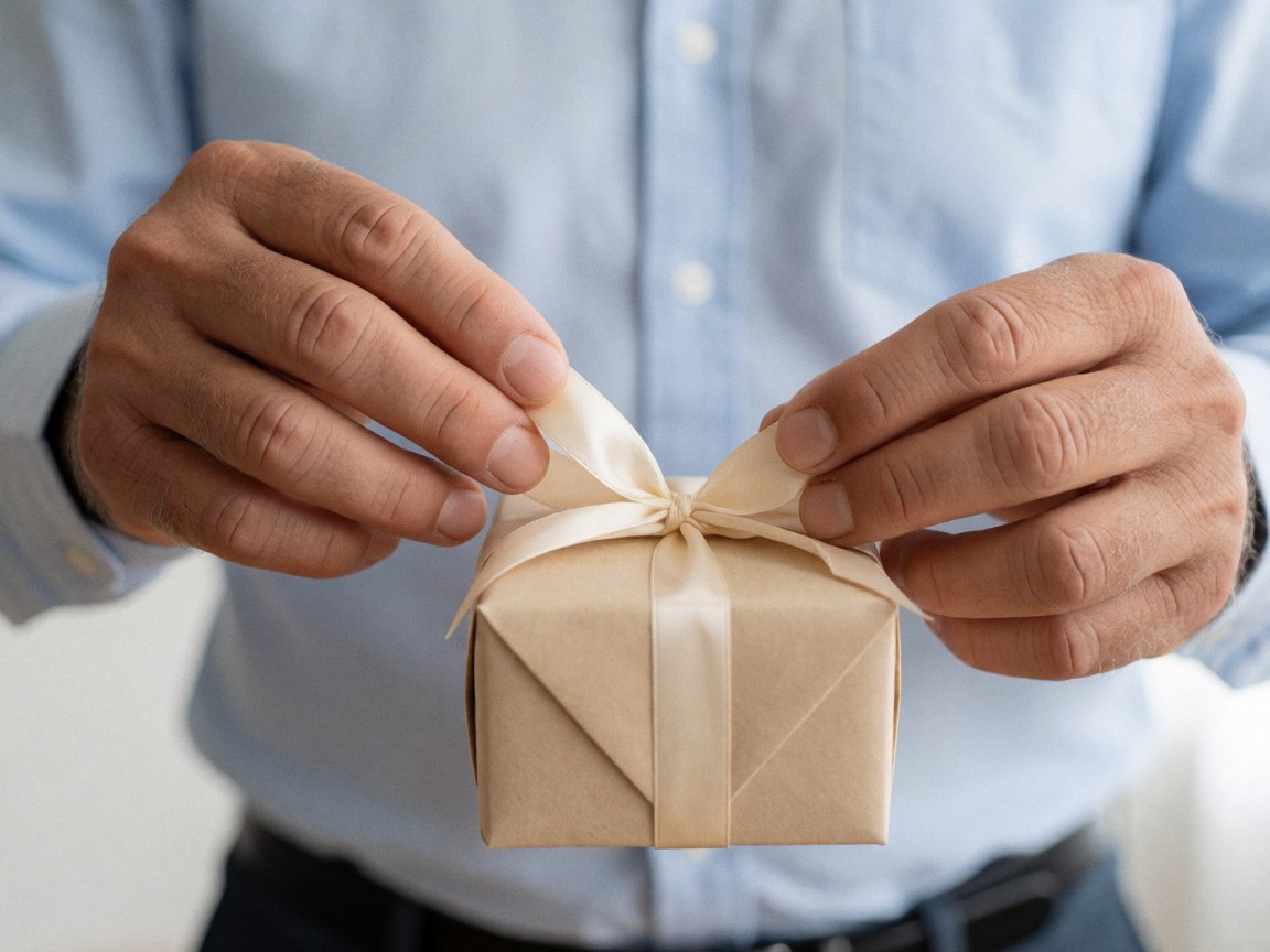 Close-up of hands wrapping a gift with beige ribbon and kraft paper on a light background