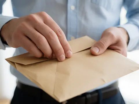 Close-up of adult hands carefully sealing a brown kraft paper envelope with natural light highlighting the visible texture