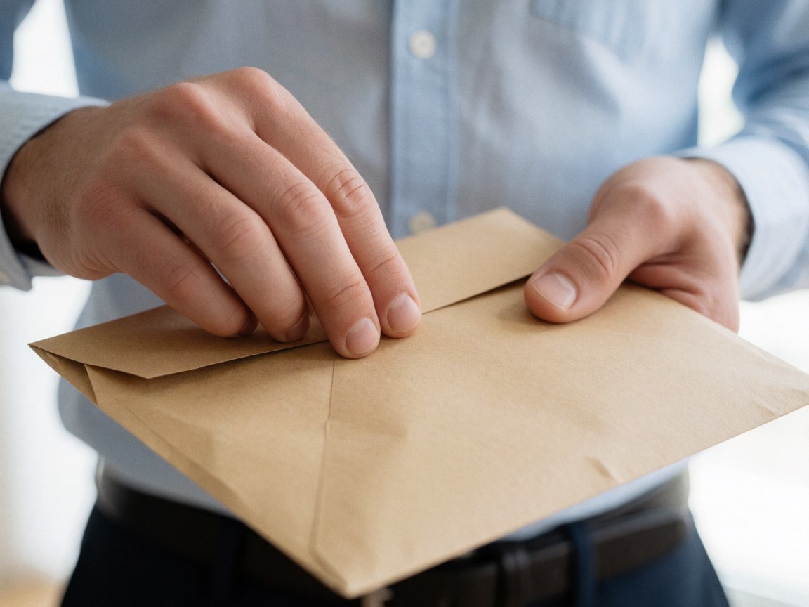 Close-up of adult hands carefully sealing a brown kraft paper envelope with natural light highlighting the visible texture
