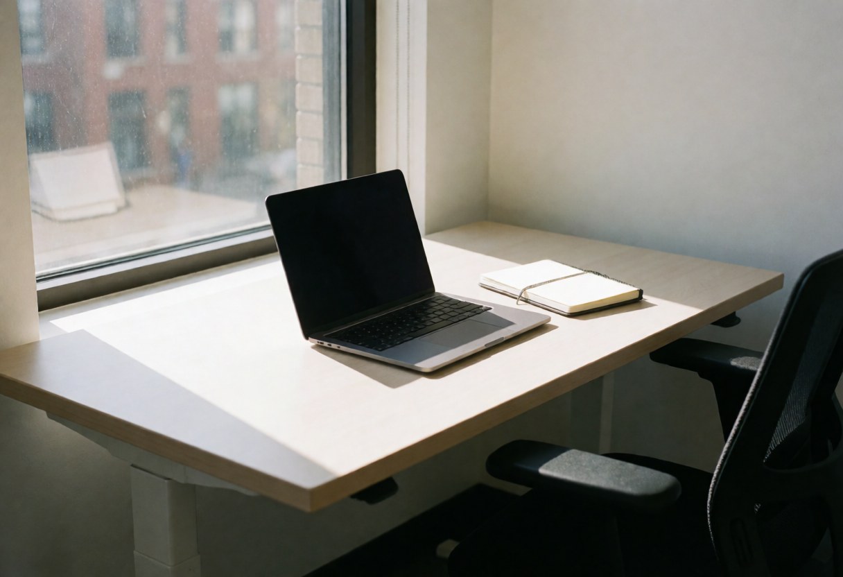 Modern workspace featuring an open laptop and notebook beside a window with natural light, an ergonomic chair, and a tidy professional atmosphere