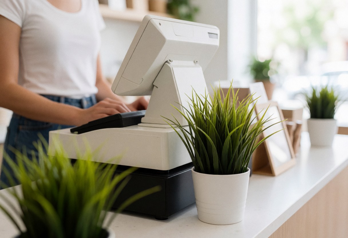 A white cash register on a reception desk with green plants in white pots.