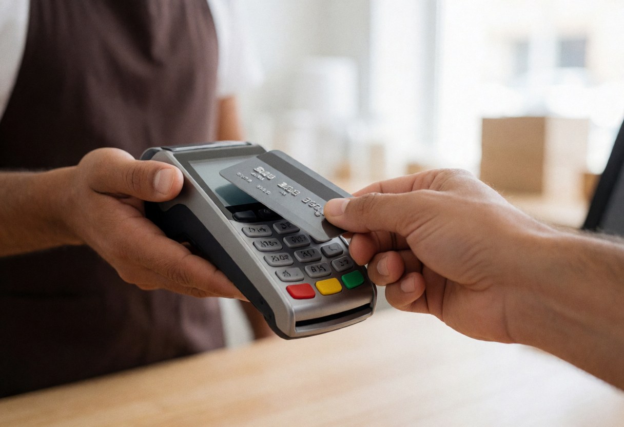 Close-up of hands using a credit card on a payment terminal with a clean counter and professional lighting