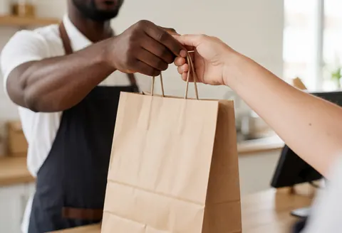 Store clerk hands a paper bag to a customer at the counter during a warm, natural service interaction