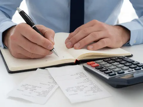 Close-up of a hand writing in a notebook alongside a calculator and receipts for accounting tasks