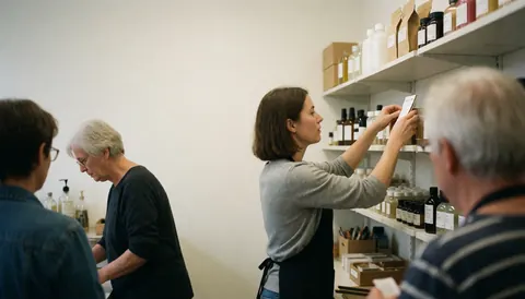 Four people working in a store with shelves, checking products and serving customers.