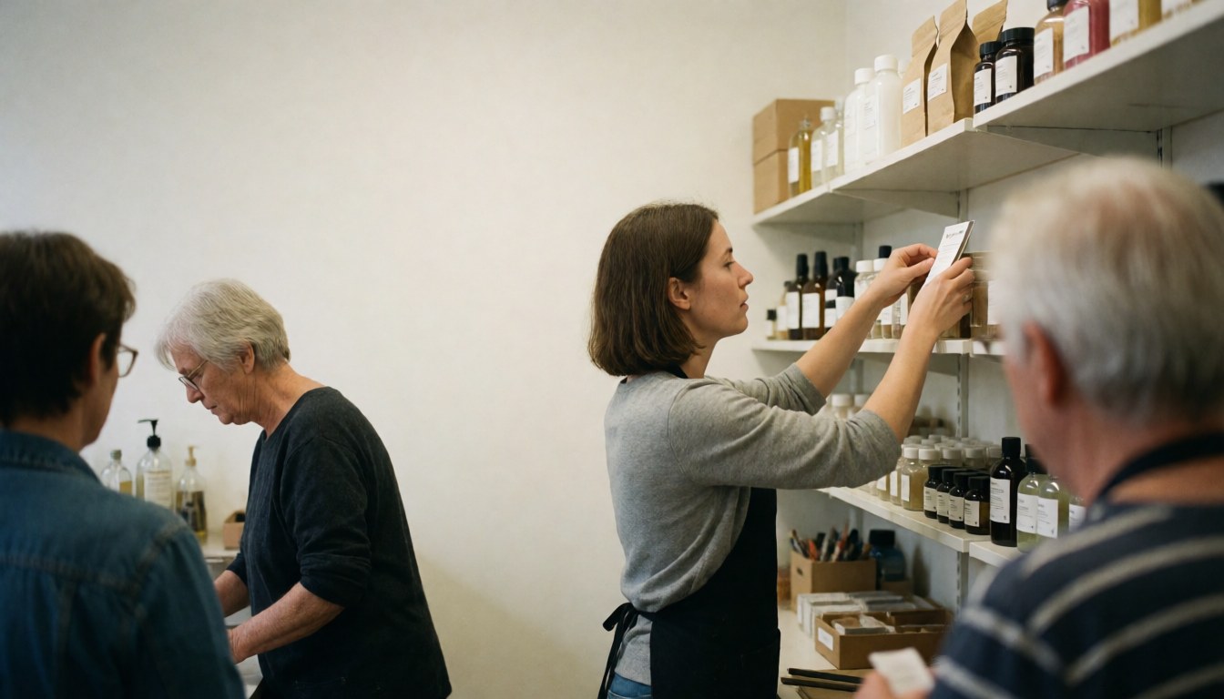 Four people working in a store with shelves, checking products and serving customers.