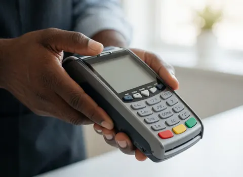 A hand holds a payment terminal to process a transaction in a store.
