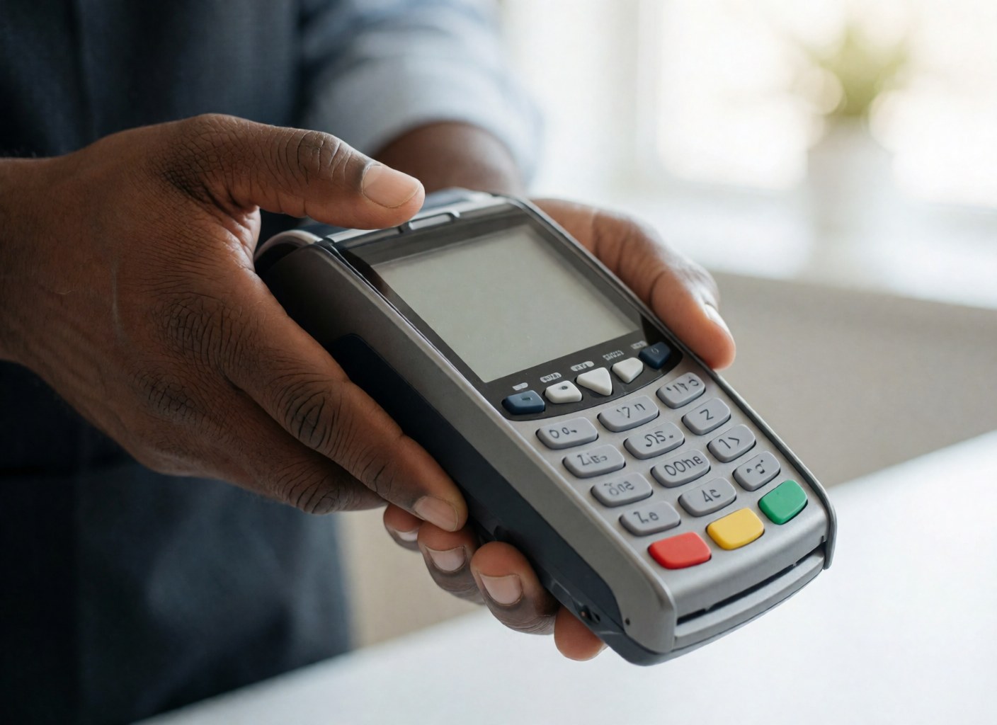 A hand holds a payment terminal to process a transaction in a store.