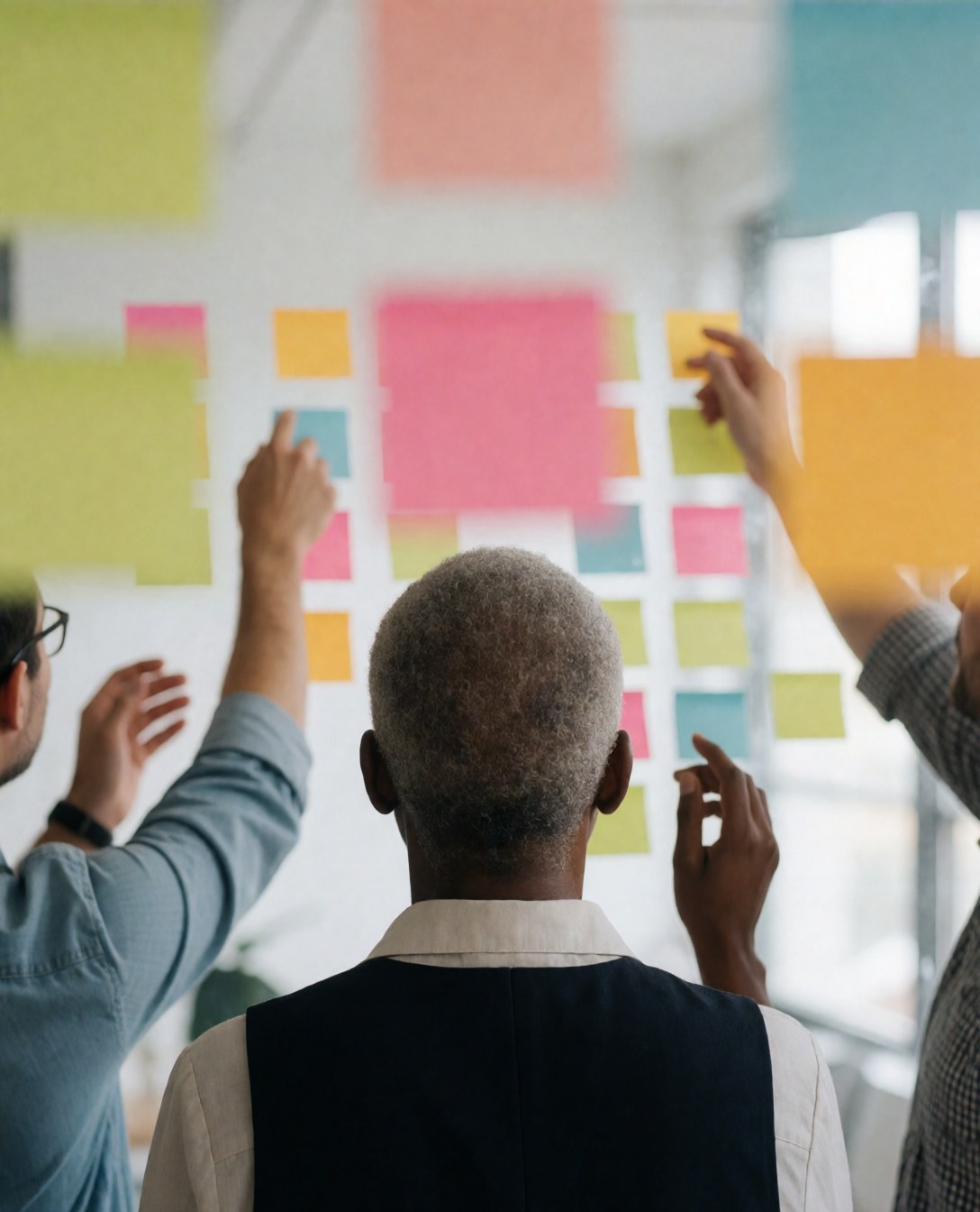 Team members from behind placing colorful sticky notes on a white wall in a modern office with natural light
