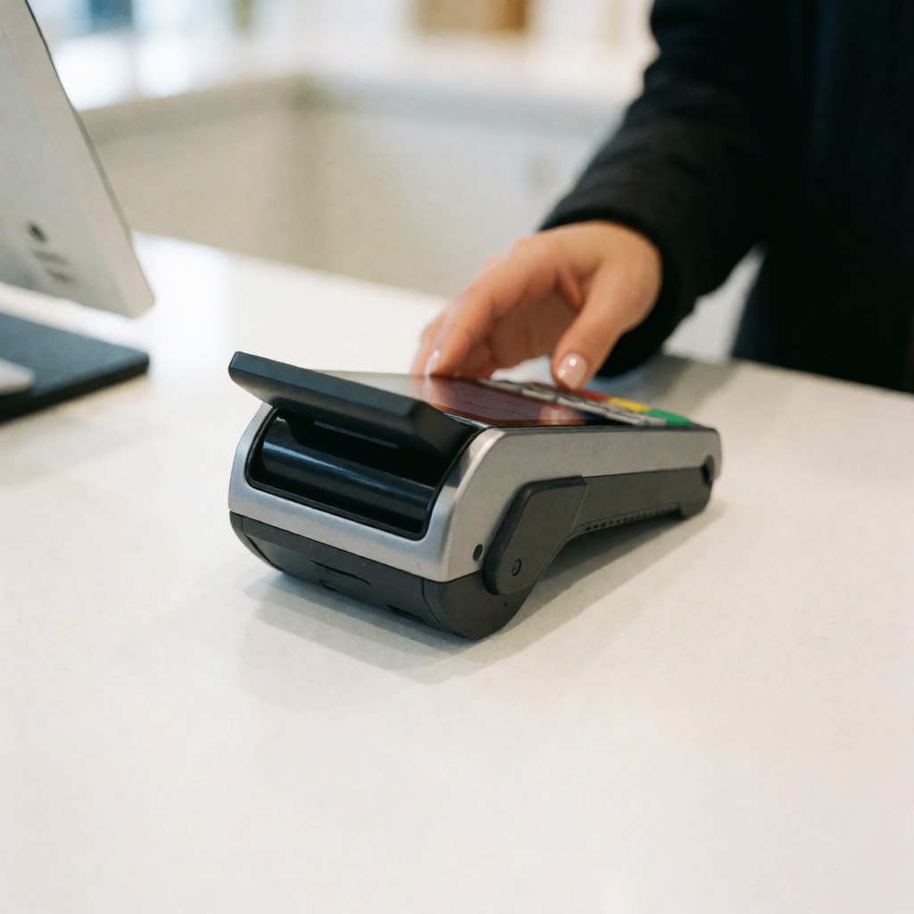 A hand inserts a credit card into a modern payment terminal on a white table for processing.
