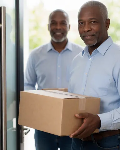 A delivery person hands a package to a smiling man at a home entrance, illustrating a successful delivery experience.