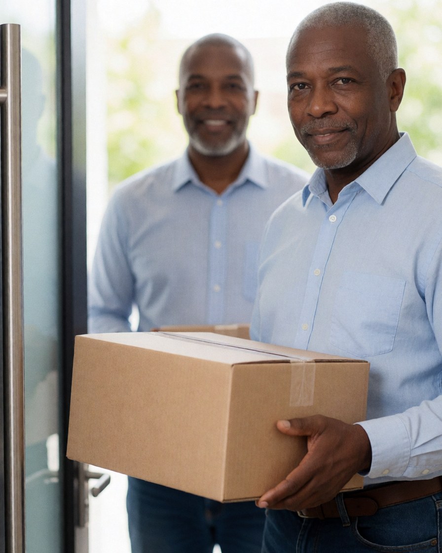 A delivery person hands a package to a smiling man at a home entrance, illustrating a successful delivery experience.