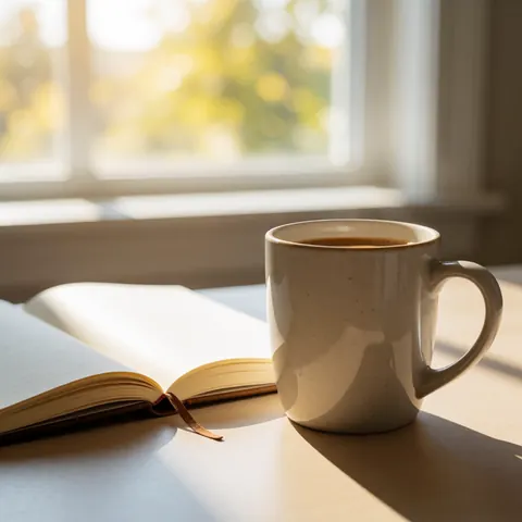 Coffee mug and open notebook on a table near a window with sunlight. Calm scene for work or morning planning.