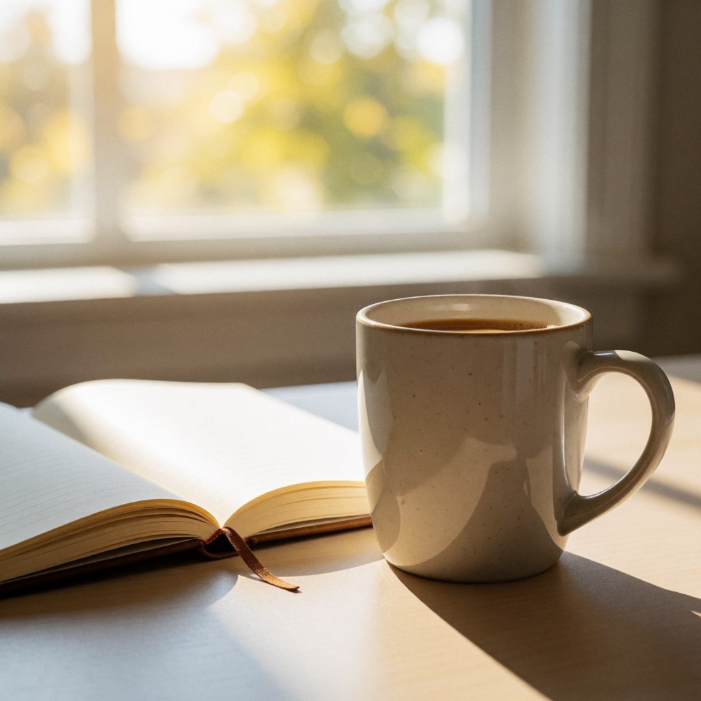 Coffee mug and open notebook on a table near a window with sunlight. Calm scene for work or morning planning.