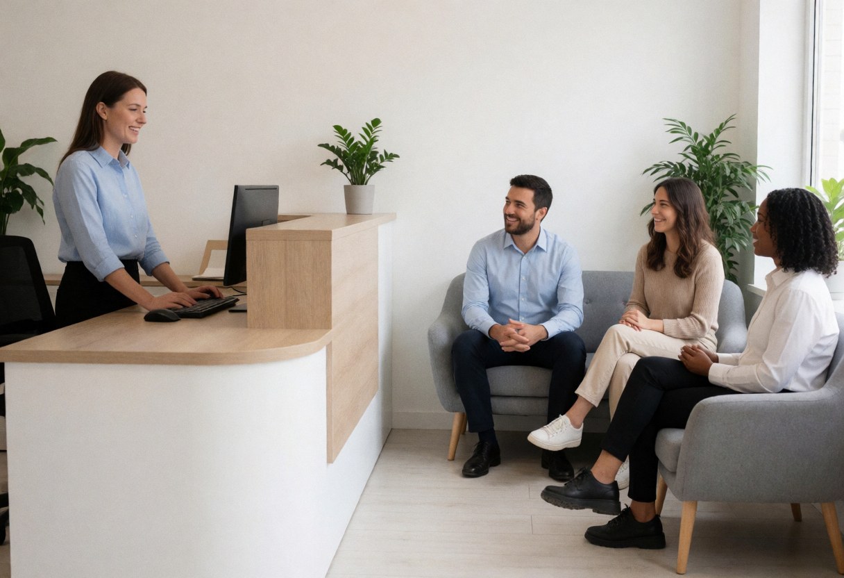 A smiling receptionist attends to three visitors seated in a waiting area with green plants.