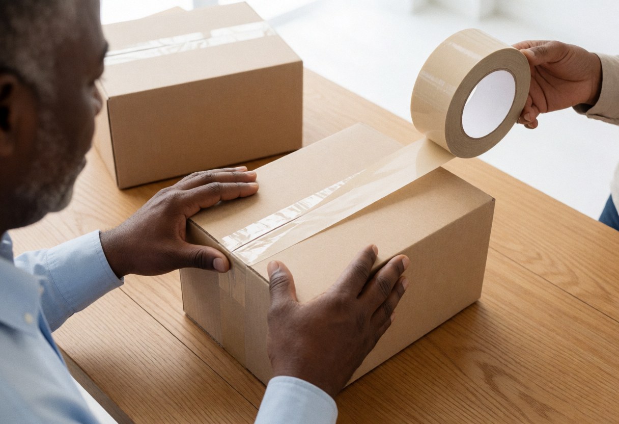 A hand seals a cardboard box with adhesive tape on a wooden table.