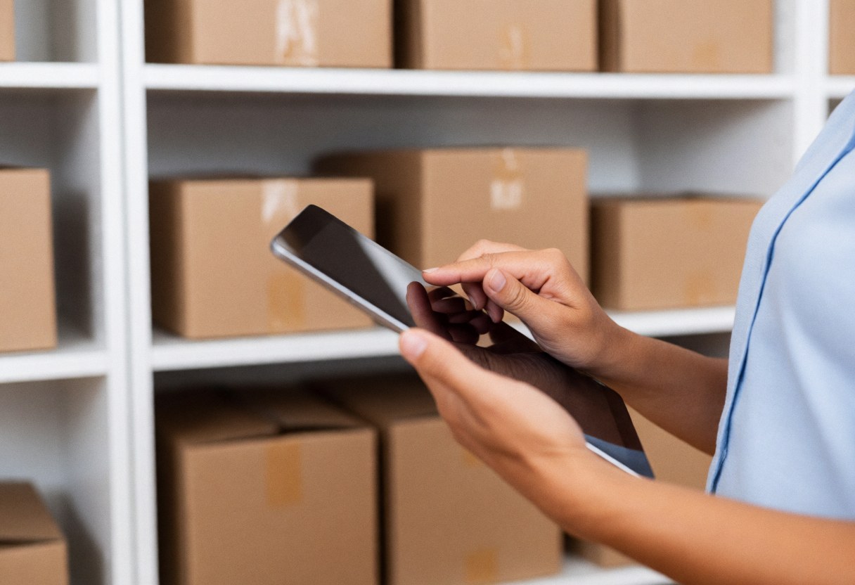 A woman with a tablet checks inventory in a warehouse with shelves of boxes.
