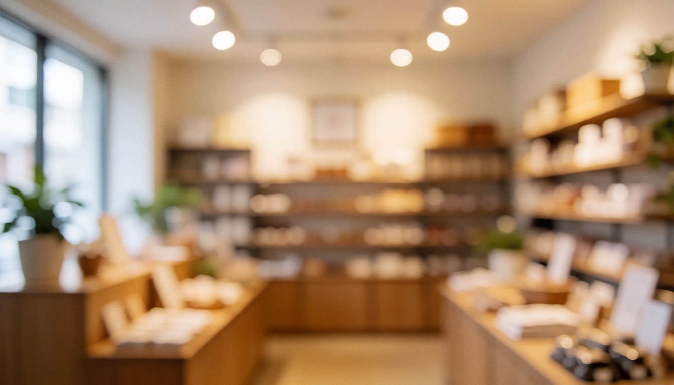 Warm interior of store with wooden shelves, products on display, and decorative plants under ceiling lights.