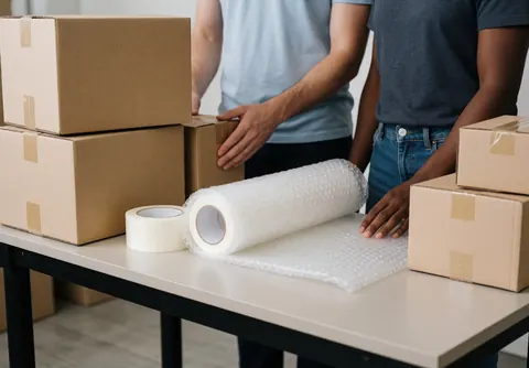 Two individuals prepare shipping boxes with tape and bubble wrap on a tidy workspace