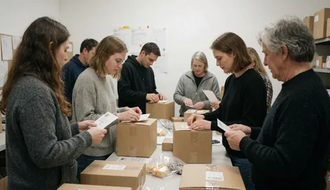 A group of employees working together at a table, placing labels on cardboard boxes for shipping.