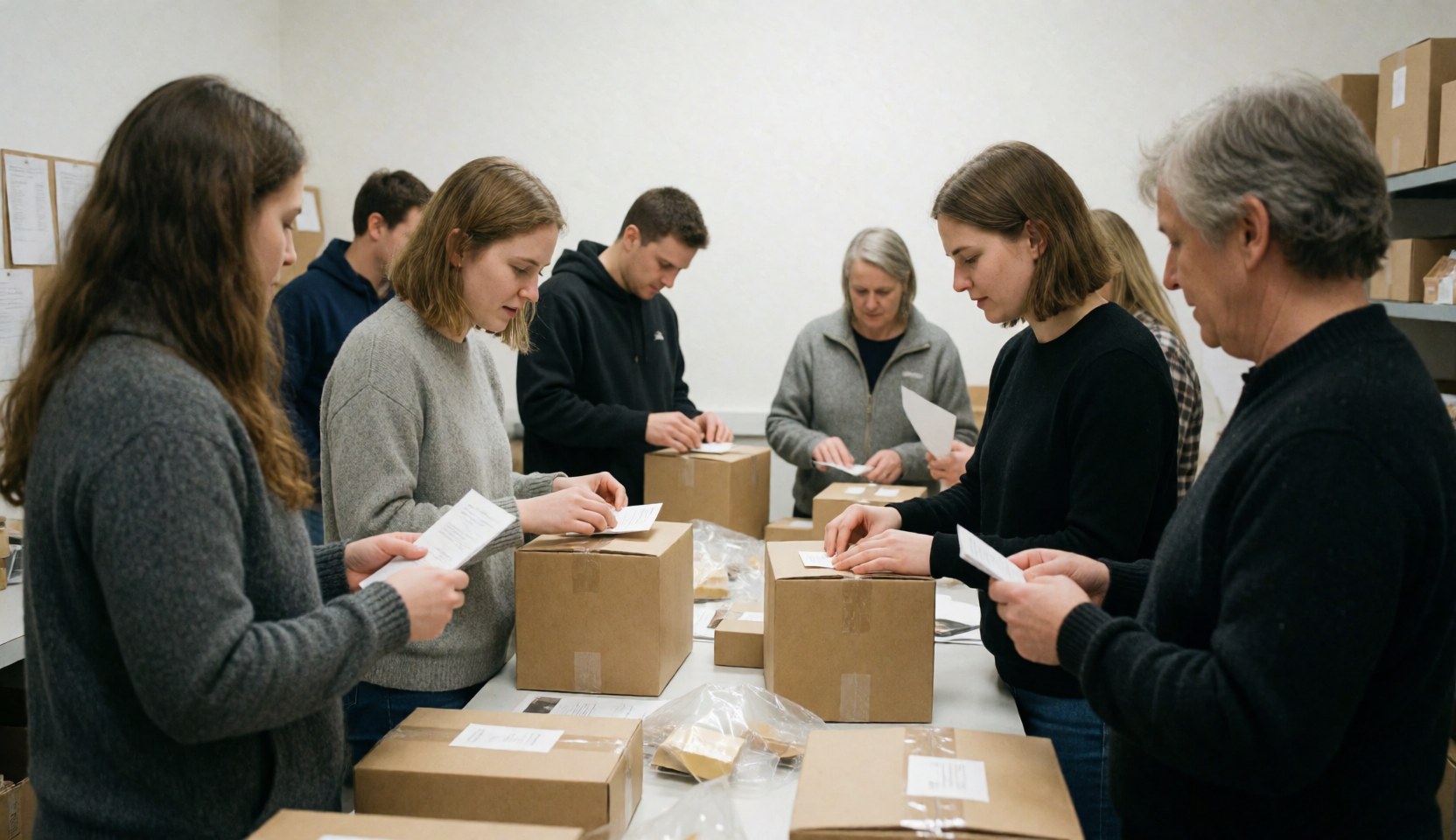 A group of employees working together at a table, placing labels on cardboard boxes for shipping.