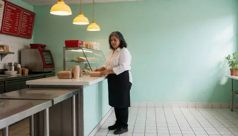 A woman serving food in a fast food establishment with green walls and warm lighting, featuring empty space on the right for text.