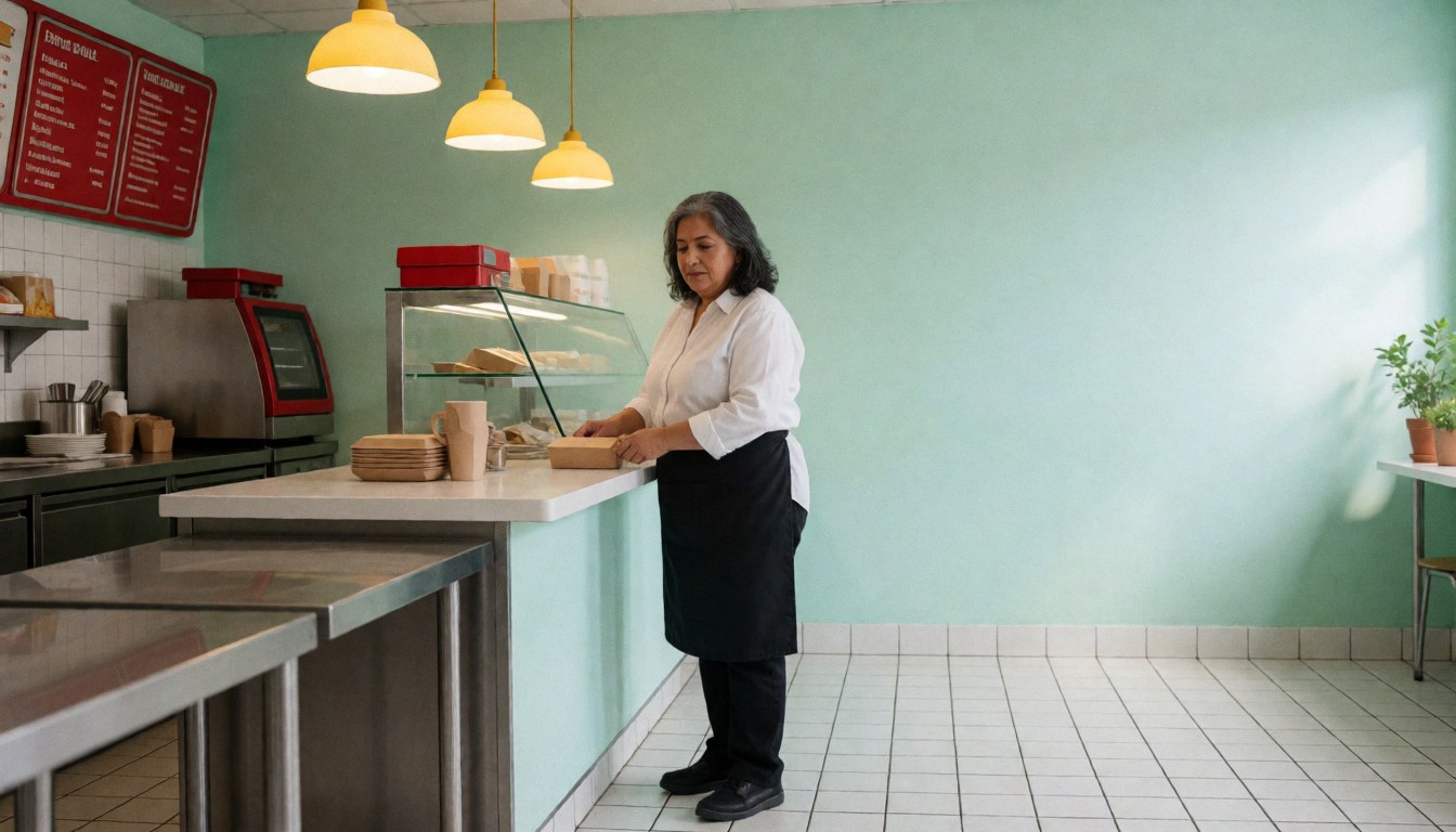A woman serving food in a fast food establishment with green walls and warm lighting, featuring empty space on the right for text.