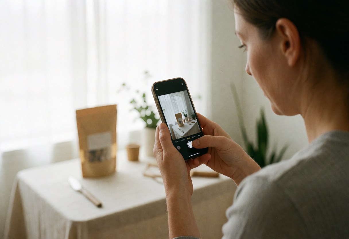 A woman takes a photo of a product on a table with a computer and a plant in the background.