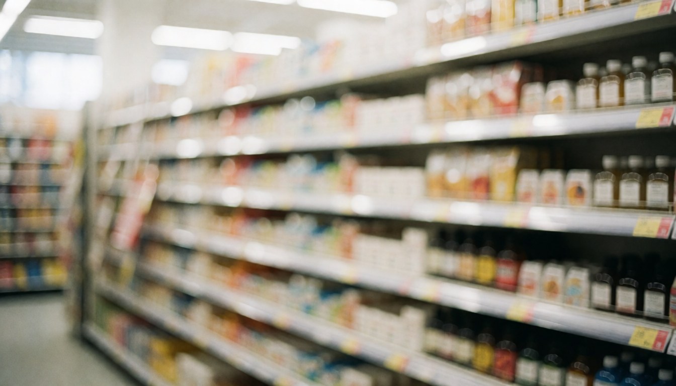 Blurred supermarket aisle with shelves full of products and yellow price tags.