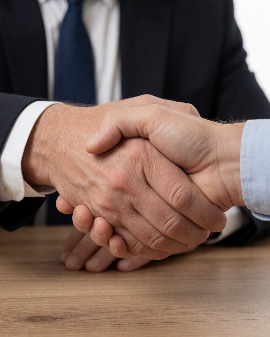 Two men in suits shake hands over a wooden table in a professional setting.