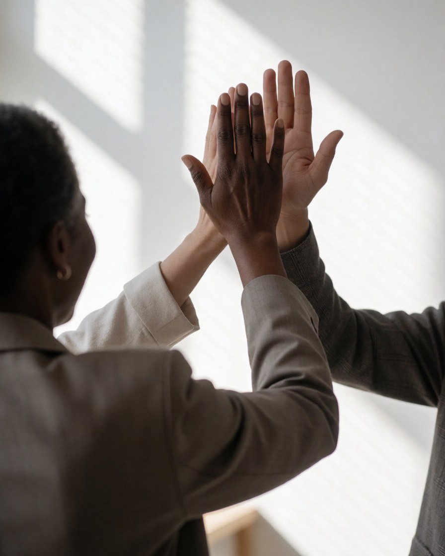 Two people in an office giving each other a high five, celebrating a work achievement or agreement.