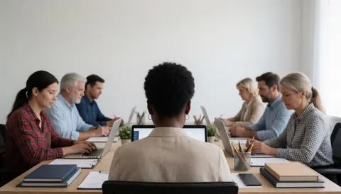 Group of professionals working in an office meeting with laptops and documents on a long table.