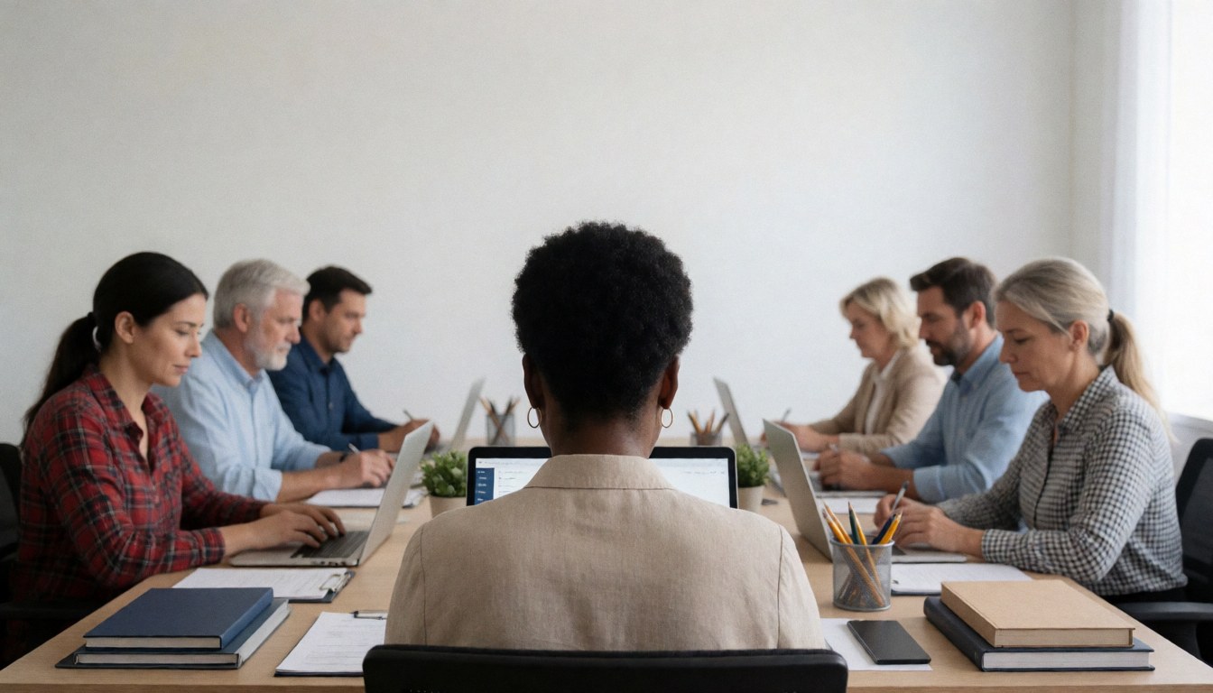 Group of professionals collaborating at a desk with laptops, documents, and books in an organized workspace