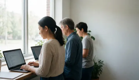 Three people working on laptops near a window with natural light, professional and tidy atmosphere