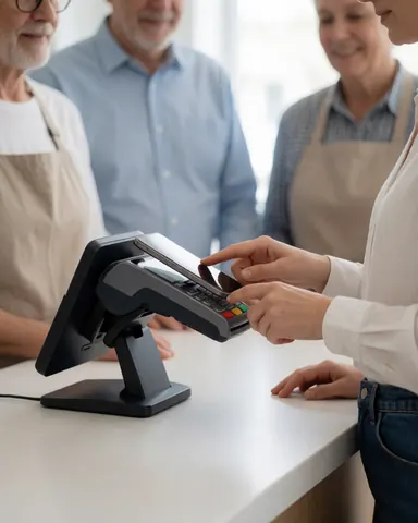 A customer pays with her phone at a store counter while staff members smile and assist.