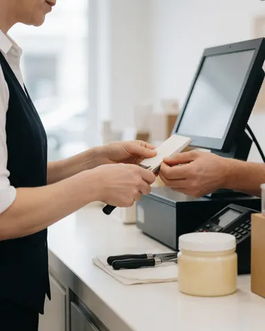 A salesperson receives payment with a phone at a cash register in a retail store.