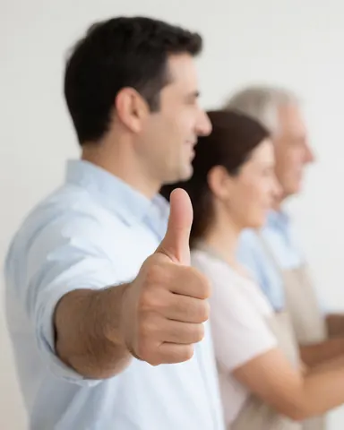 A smiling man gives a thumbs up while two blurred people stand in the background, illustrating customer satisfaction for any business.